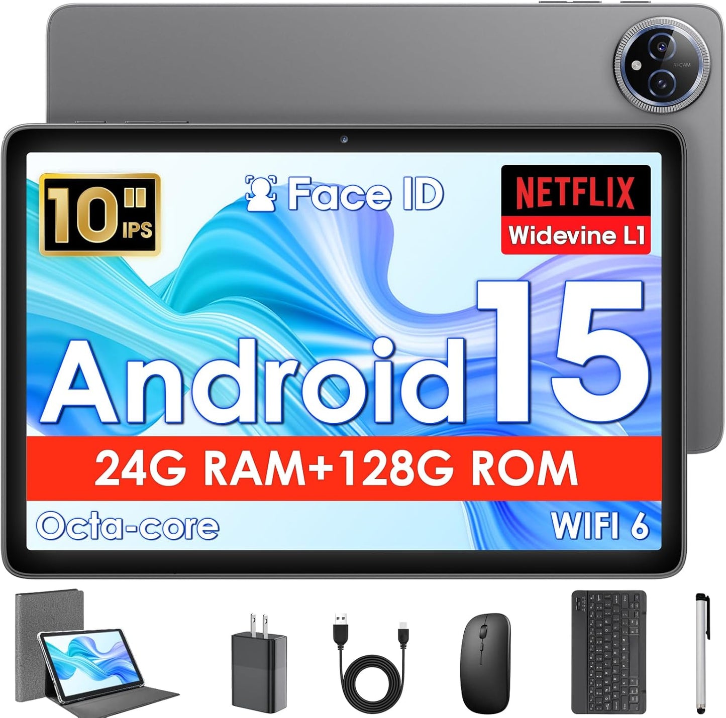 Android 15 Tablet, 10 Inch Tablets Android, Octa-Core, 24GB(8+16) RAM+128GB ROM+1TB Expand, 1280x800 IPS Display, HD Touchscreen, Widevine L1, GPS, 2.4G/5G WiFi, 5MP+8MP Camera, 6000mAh, BT 5.4, Gray