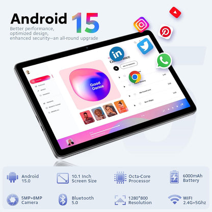 Android 15 Tablet, 10 Inch Tablets Android, Octa-Core, 24GB(8+16) RAM+128GB ROM+1TB Expand, 1280x800 IPS Display, HD Touchscreen, Widevine L1, GPS, 2.4G/5G WiFi, 5MP+8MP Camera, 6000mAh, BT 5.4, Gray