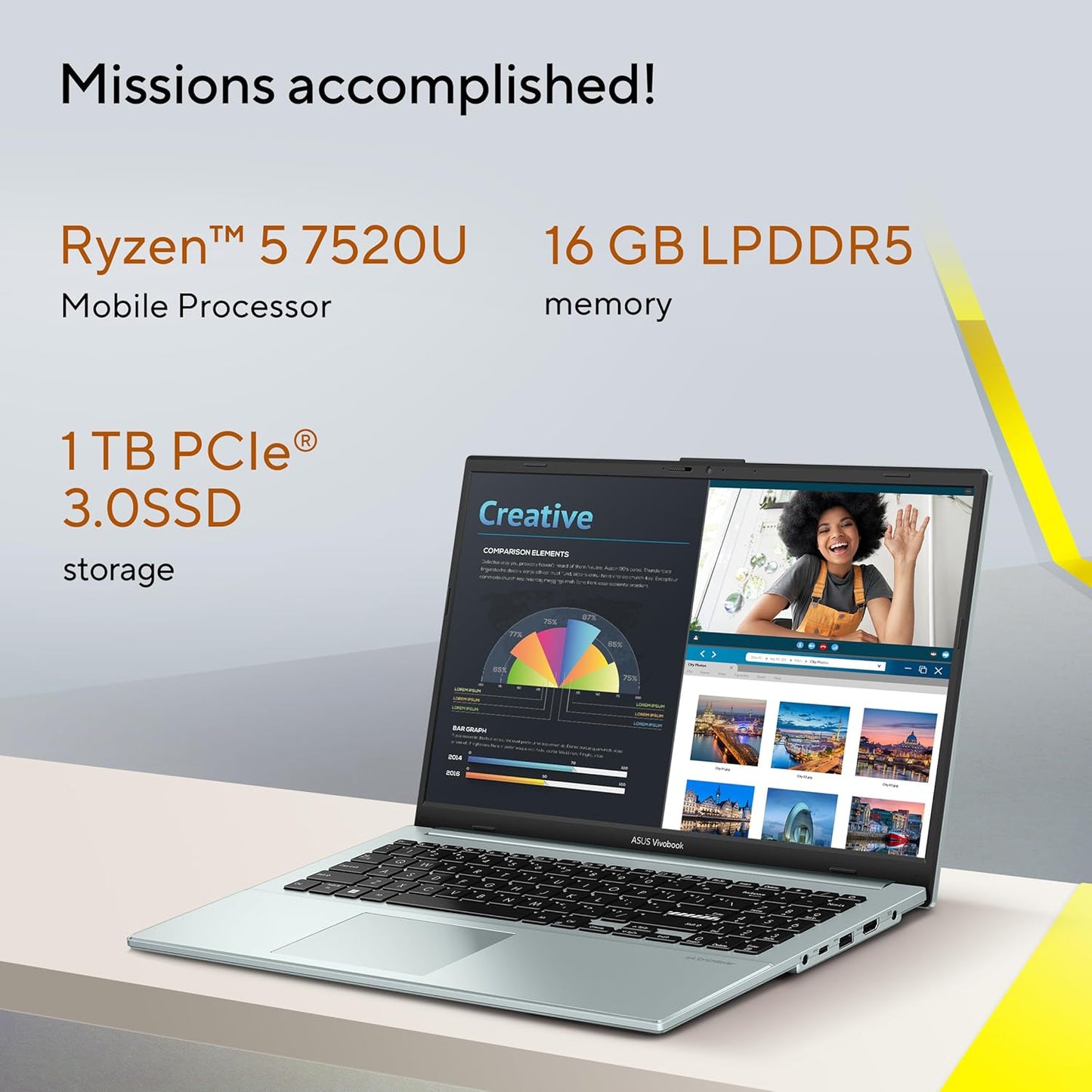 ASUS Vivobook Go 15 Thin & Light Laptop, 15.6” Full HD Display, AMD Ryzen 5 7520U Processor, 16GB RAM, 1T SSD, Windows 11 Home, Green Gray, E1504FA-AS53-CA